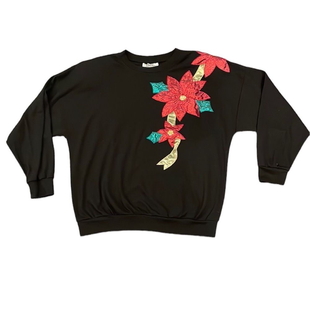 Vintage 60s/70s Poinsettia Union ILGWU Made Christmas Top Sweater Size Medium